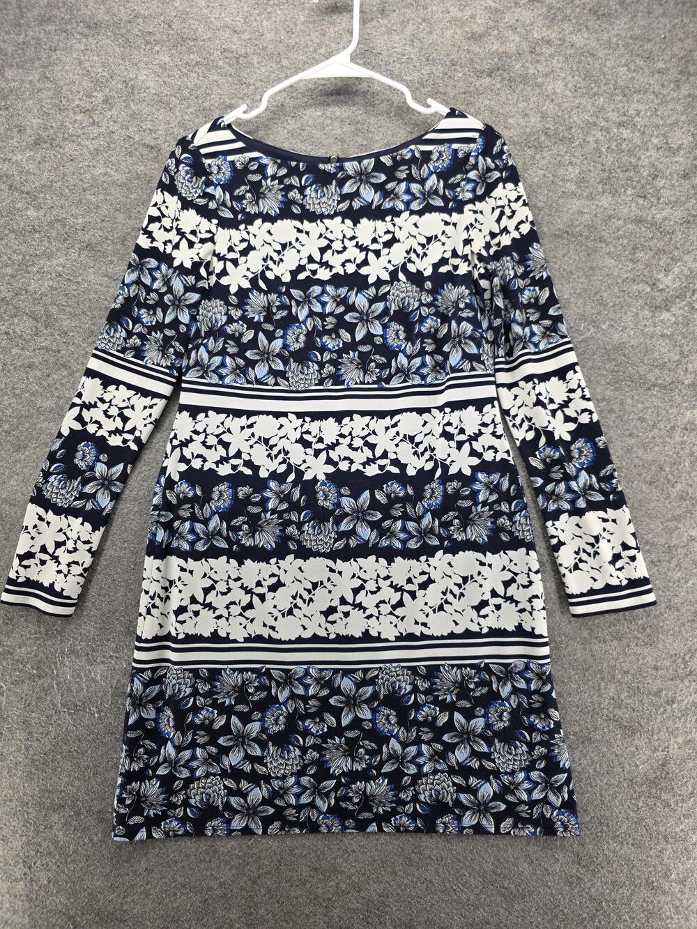 Eliza J Dress Womens 4 Blue Knee Length Sheath Boat Neck Long Sleeve Floral